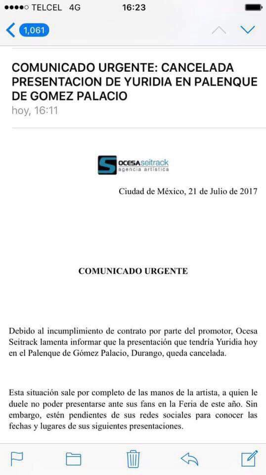 Yuridia cancela concierto en Gómez Palacio