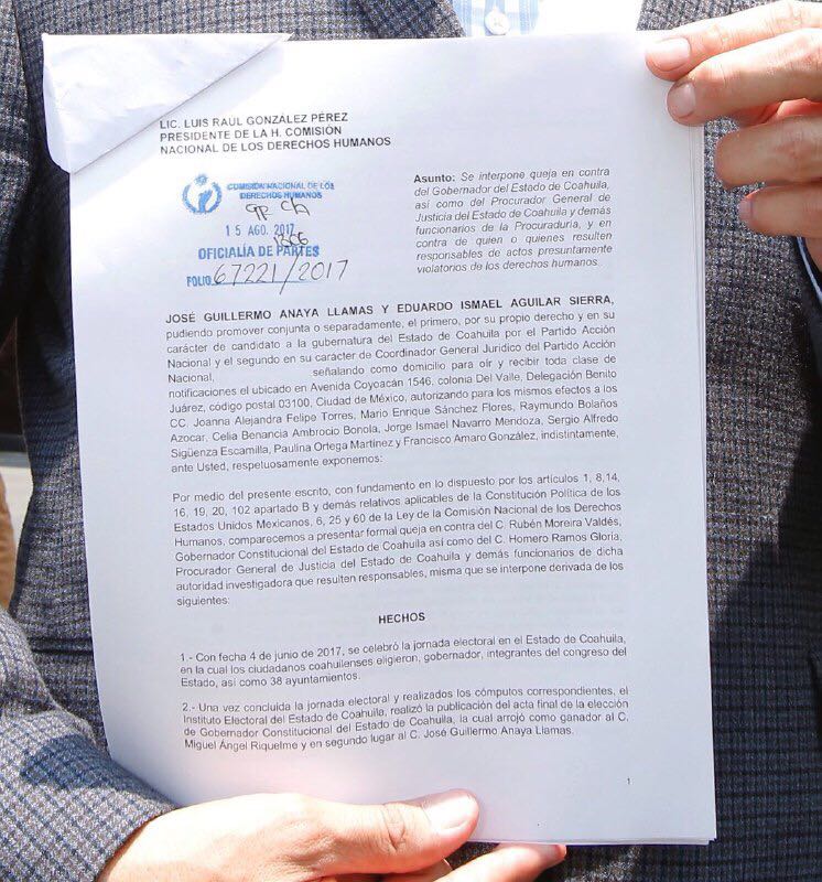 Guillermo Anaya presenta denuncia ante CNDH contra Gobierno de Coahuila