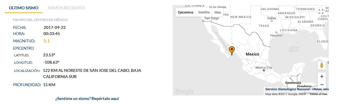 SSN reporta sismo de 5.1 entre Sinaloa y Los Cabos
