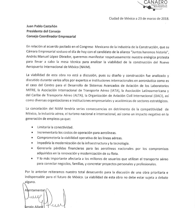 Aerolíneas se oponen a mesa de análisis sobre NAIM