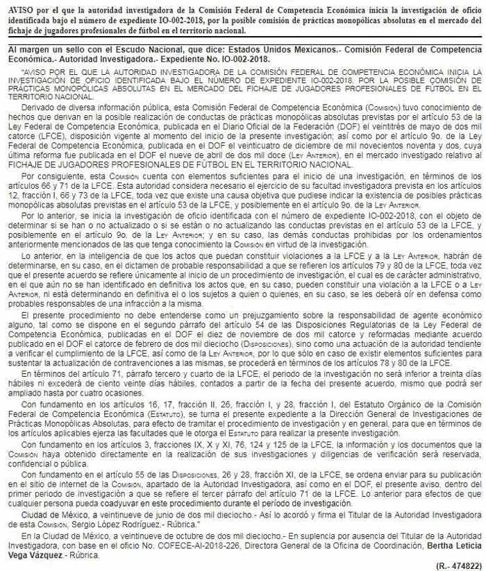 Diario Oficial de la Federación publica investigación de COFECE a Liga MX