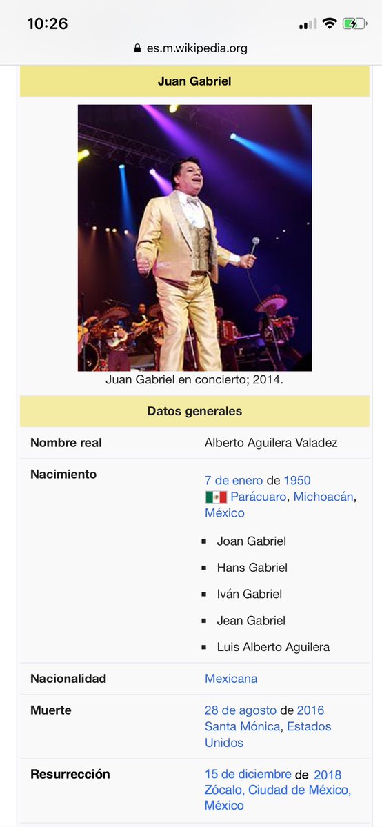 Juan Gabriel resucita mañana según Wikipedia