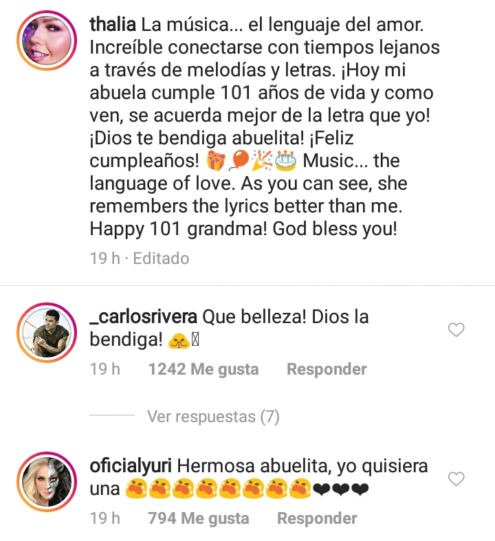 Thalía canta junto a su abuelita y festeja sus 101 años