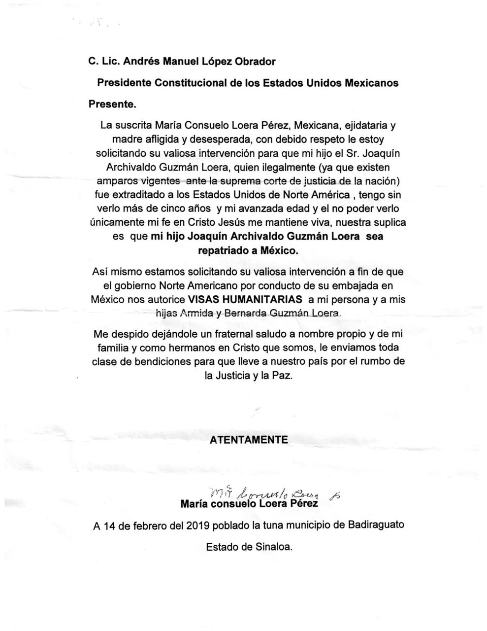 Difunden carta que la mamà de 'El Chapo' enviò a AMLO