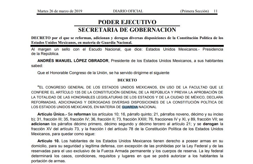 Se publica en DOF la reforma que crea la Guardia Nacional
