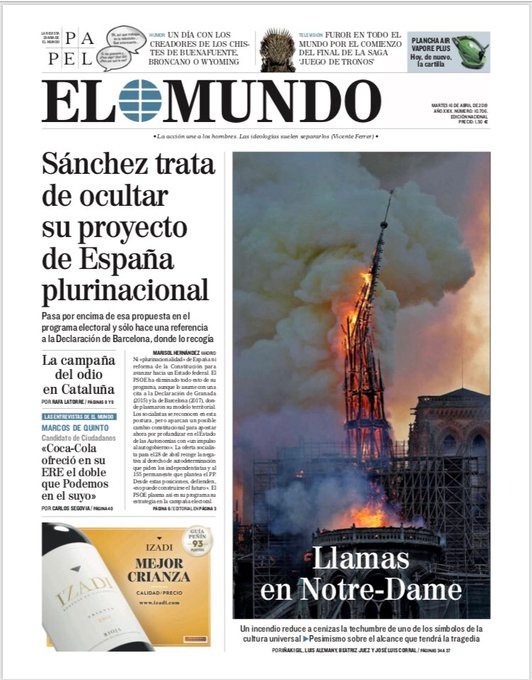 Así retrataron los periódicos de Europa el incendio de Notre Dame