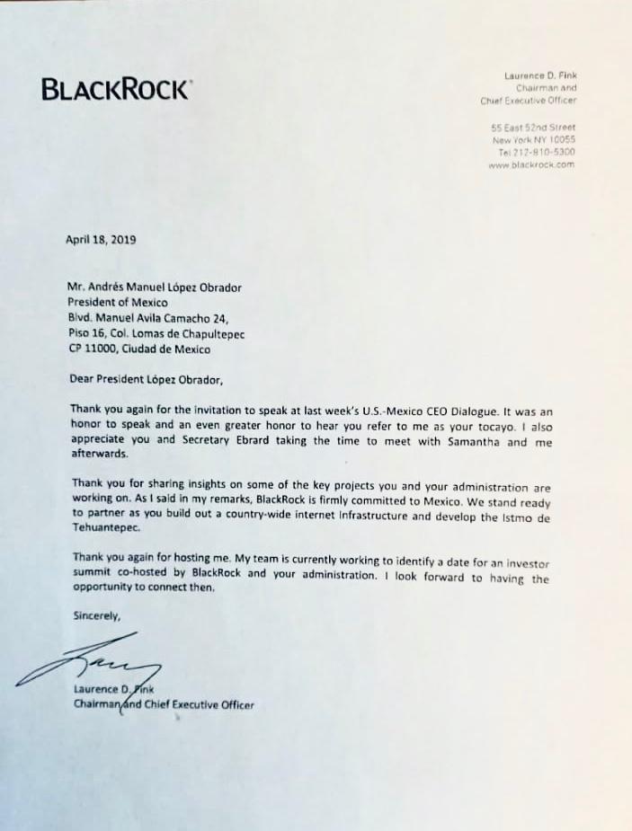 BlackRock tiene confianza en el país, dice AMLO tras recibir carta