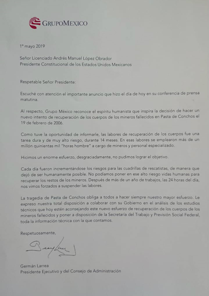 Grupo México ayudará en rescate de cuerpos en Pasta de Conchos