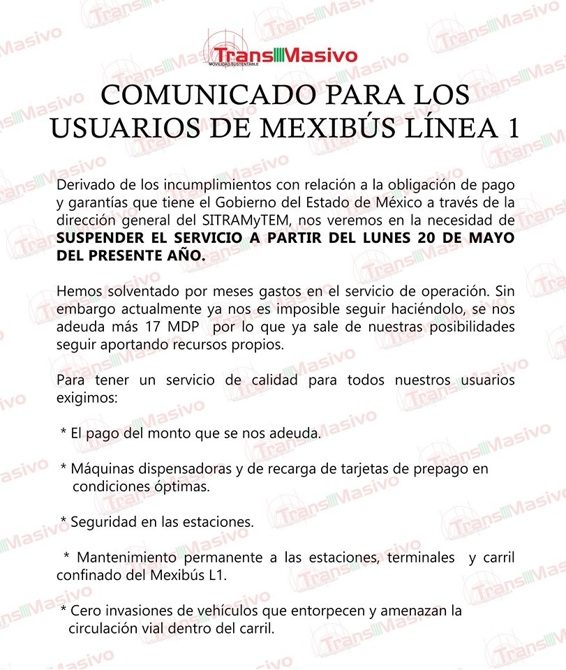 Mexibus Línea 1 'Ojo De Agua-Cd.Azteca' podría suspender servicios desde el lunes 20 de Mayo