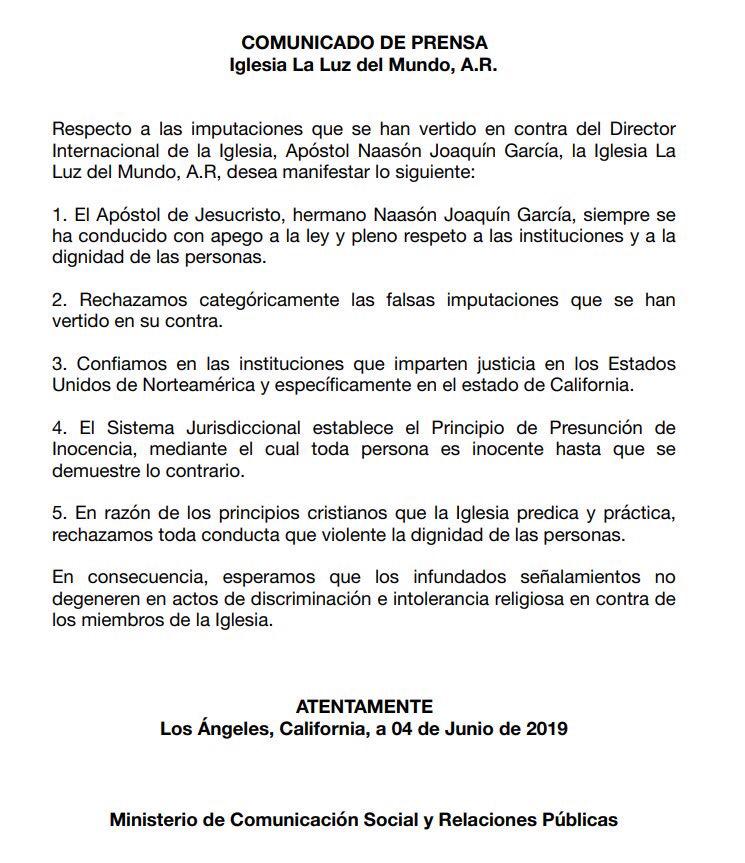 Iglesia La Luz del Mundo niega acusaciones contra Naasón Joaquín García
