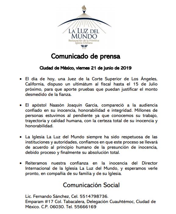 Iglesia ‘La Luz del Mundo’ apela inocencia de su líder Naasón Joaquín García