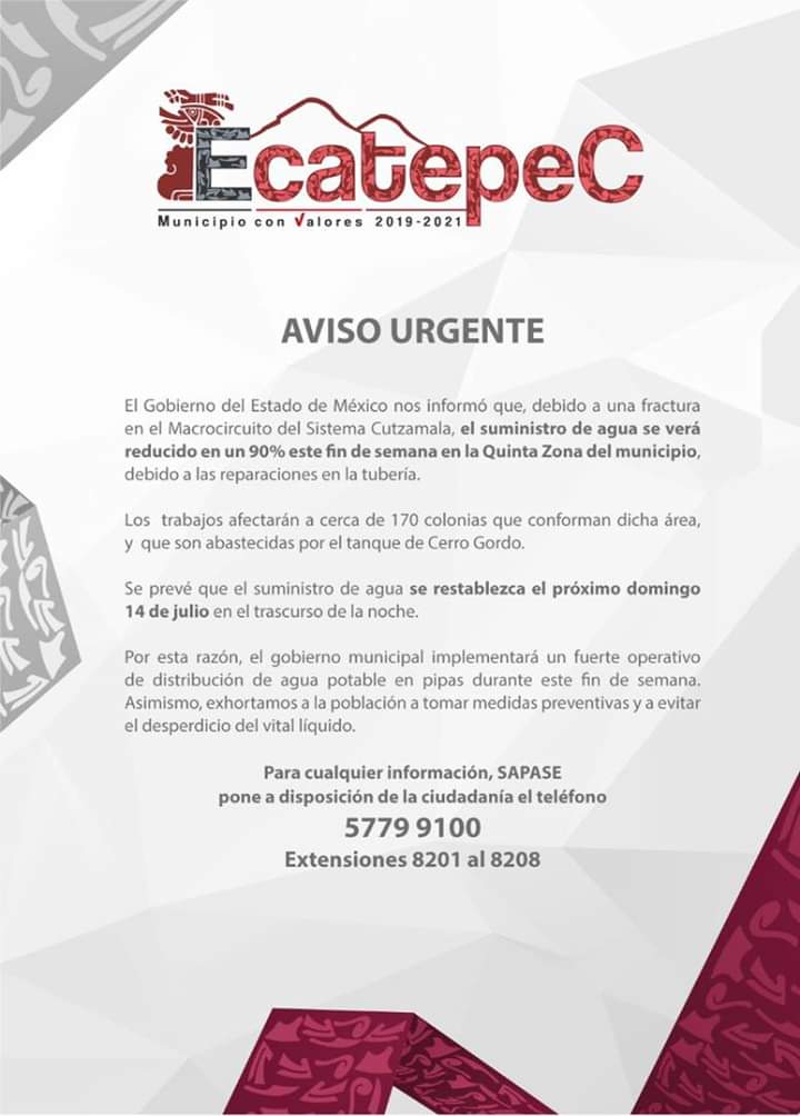 Ecatepec reducirá el 90% del suministro de agua a 170 colonias