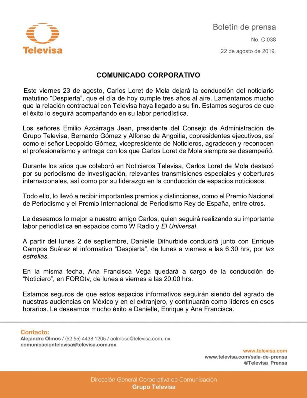 Carlos Loret de Mola deja Televisa
