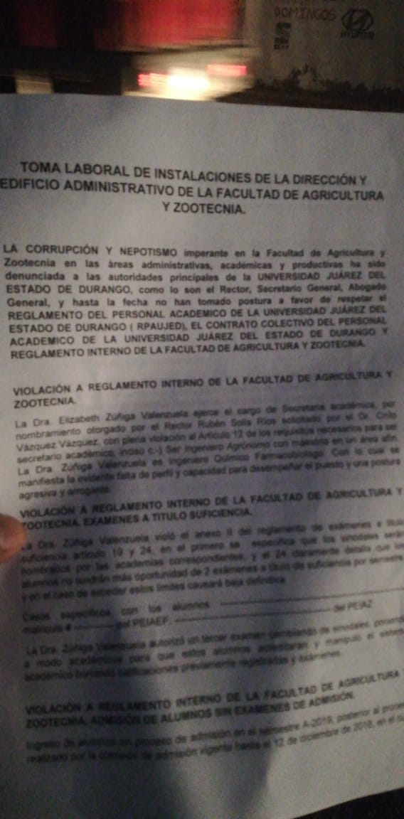 Maestros de la facultad de Agricultura y Zootecnia de UJED piden destitución del director del plantel