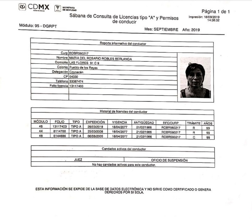 Semovi confirma que Rosario Robles no tramitó licencia con domicilio en Polanco