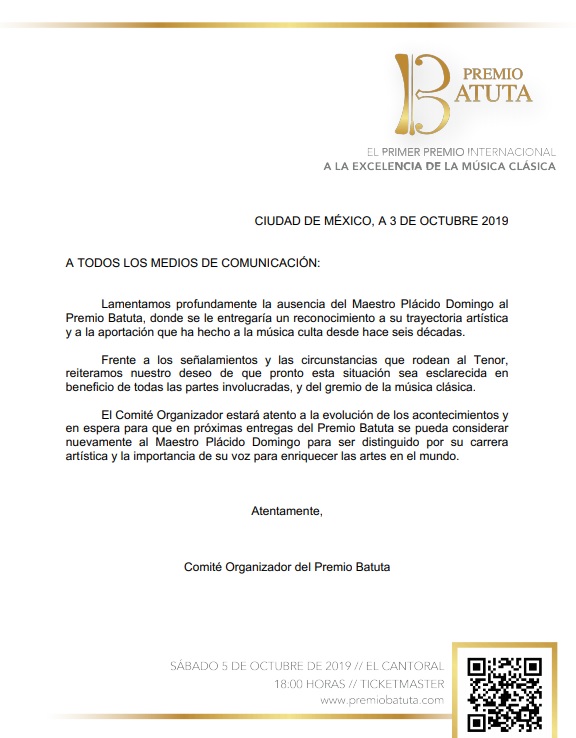Plácido Domingo cancela visita a México, tras acusaciones de acoso