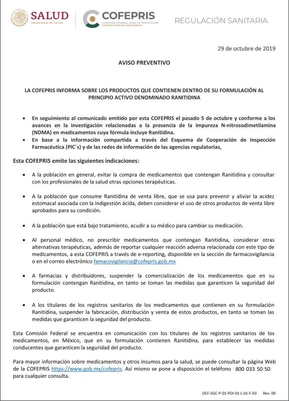 Cofepris busca suspender consumo de Ranitidina; contiene sustancia cancerígena