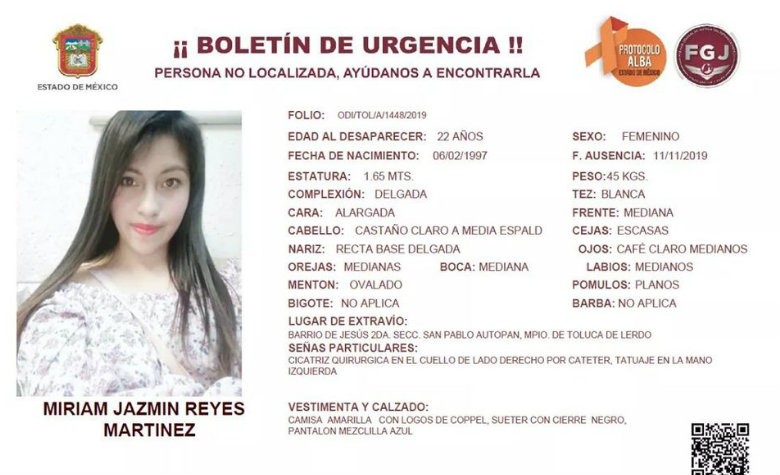 Buscan a expareja de Míriam Jazmín Reyes Martínez por presunto asesinato