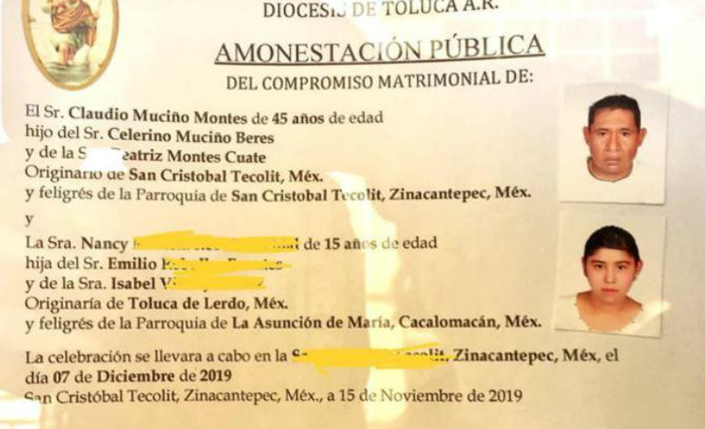 Iglesia anunciaba boda entre hombre de 45 años y una adolescente de 15 años en Toluca