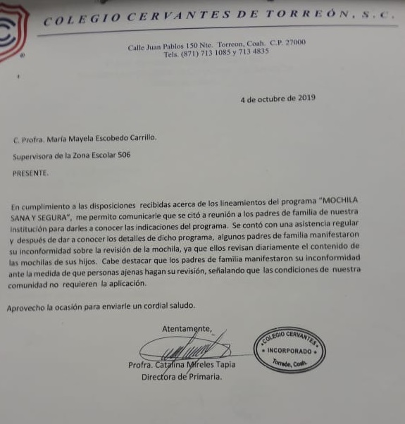 Padres de familia de colegio de Torreón habrían rechazado el programa "Mochila Segura"