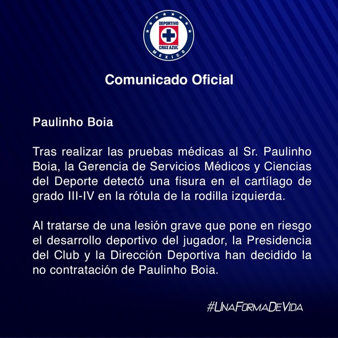 Paulinho Boia presentó lesión en rodilla, por lo que Cruz Azul no lo firmará
