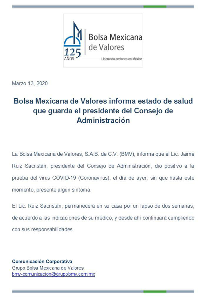 Presidente de la Bolsa Mexicana de Valores da positivo a Covid-19