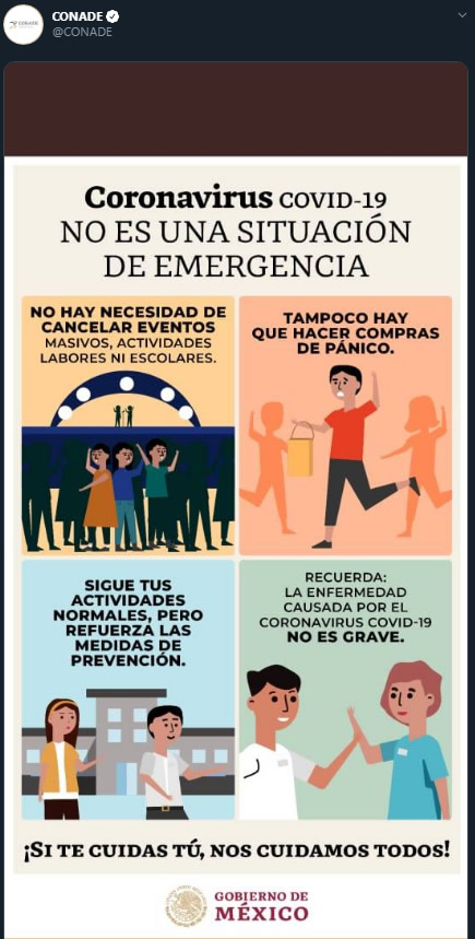 Conade publica controversial tweet sobre el coronavirus