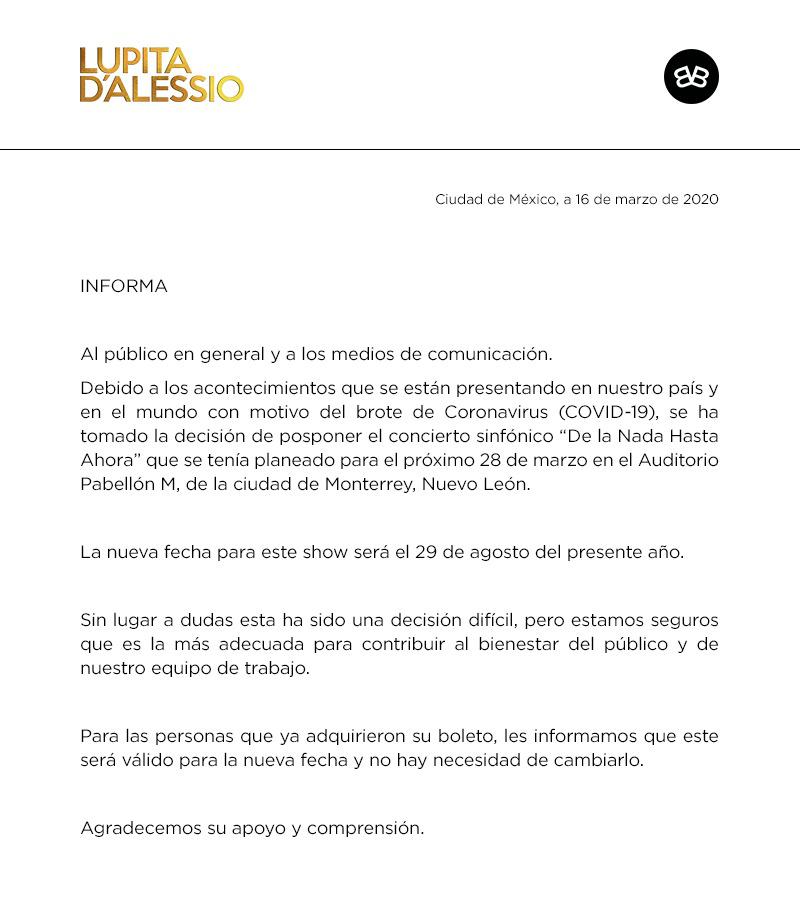 Cambia Lupita D'Alessio para agosto su concierto en Monterrey
