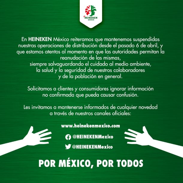 Desmiente Heineken México reanudación de operaciones