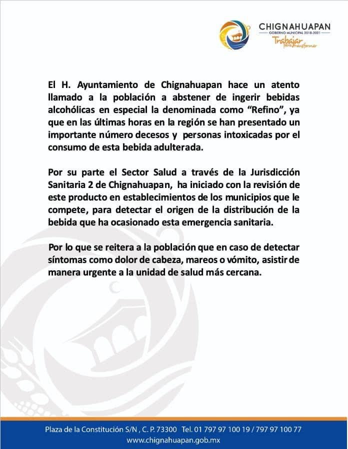 Confirman 3 muertes en Chignahuapan por ingesta de alcohol adulterado o "refino"