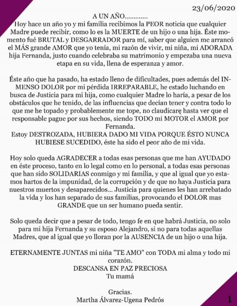 Mamá de Fernanda pide justicia y desea que Joao Maleck pague condena [FOTO]