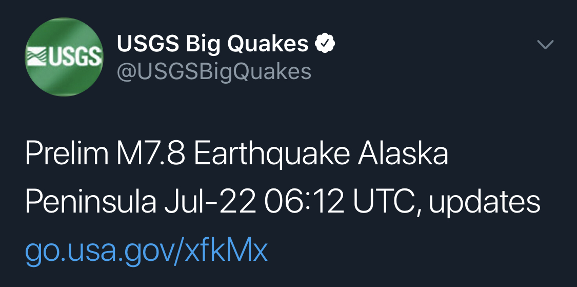 ¡Fuerte temblor en Alaska! La magnitud fue de 7.8 grados