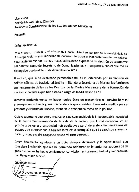 Con esta carta, Jiménez Espriú presentó su renuncia a la SCT
