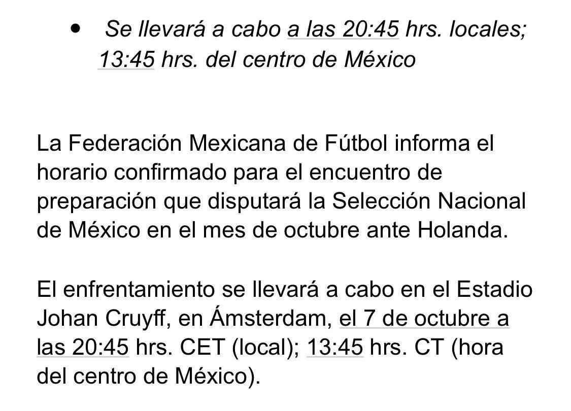 Se confirma horario y fecha del partido amistoso de México ante Holanda