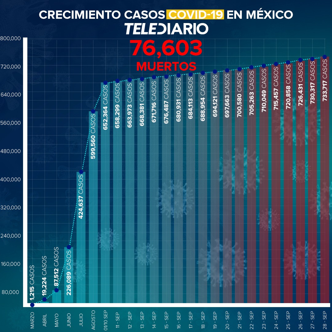 México suma 76 mil 603 muertos y 733 mil 717 casos confirmados por Coronavirus Covid-19