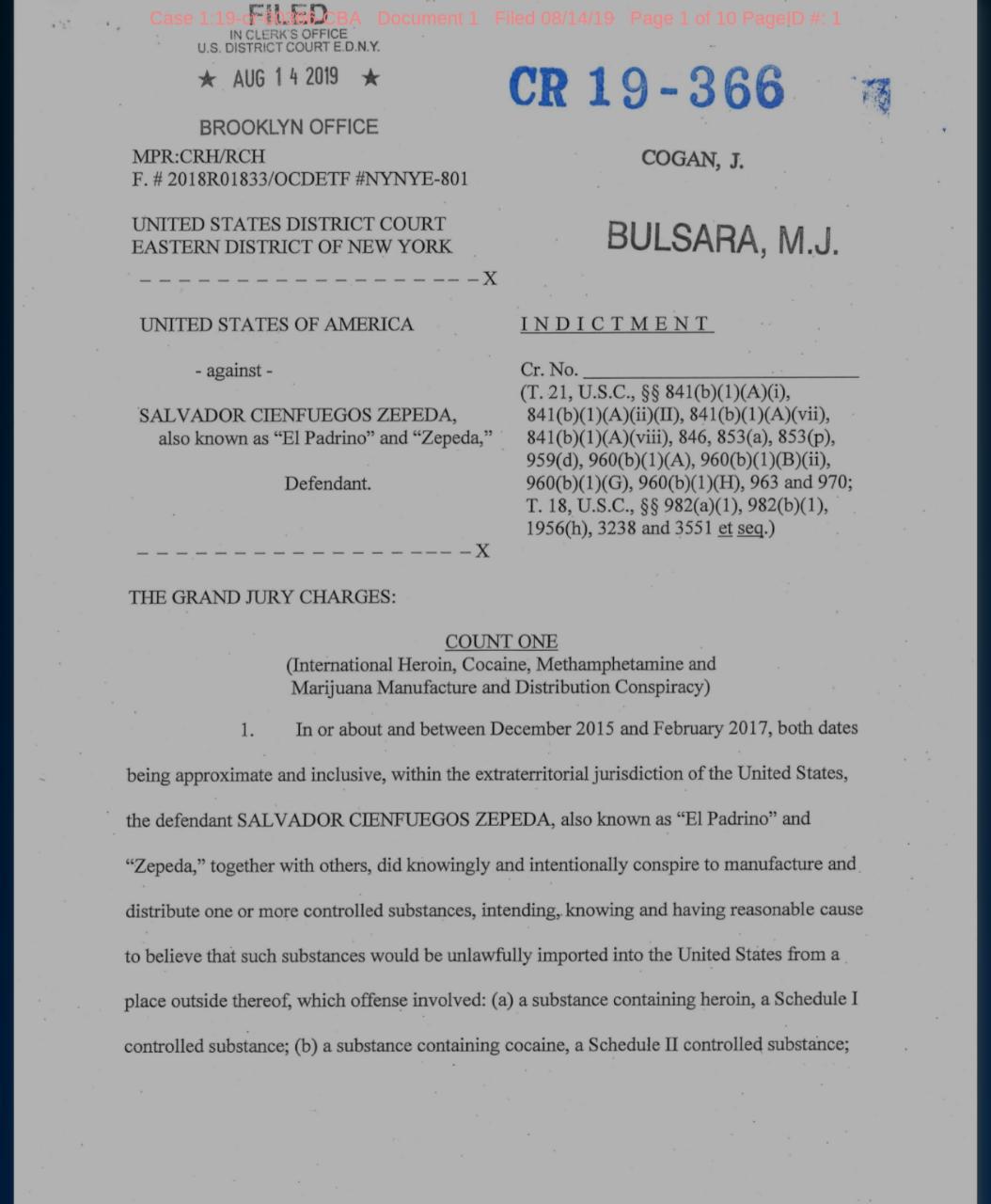 Salvador Cienfuegos enfrenta 4 cargos relacionados al narcotráfico en Corte de NY