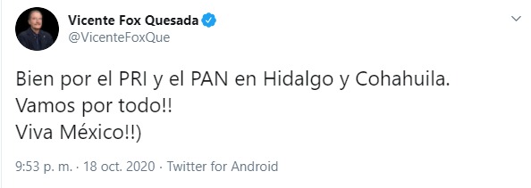 Vicente Fox celebra triunfo del PRI en "Cohahuila"