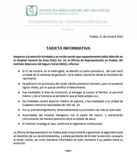 Médicos del IMSS dan por muerto a bebé y al llegar a la funeraria descubren que seguía vivo
