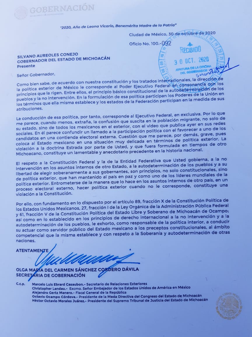 Segob pide a Aureoles abstenerse de promocionar voto por Joe Biden