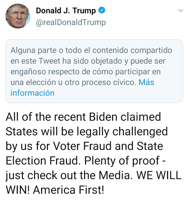 Impugnaremos la elección por fraude electoral y ganaremos: Trump