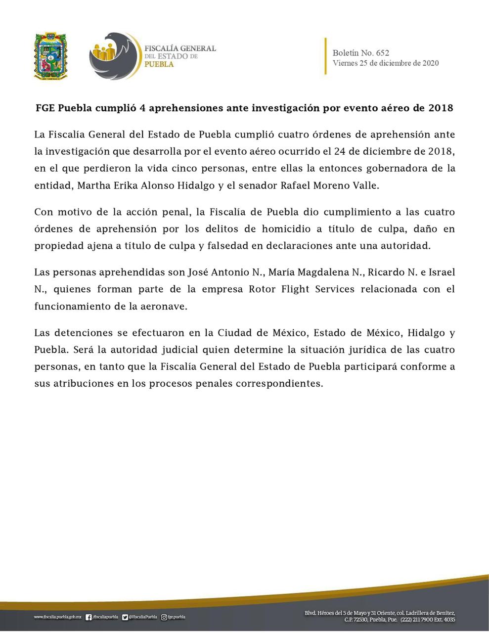 Detienen a cuatro trabajadores de taller aéreo por “Caso Martha Erika Alonso”
