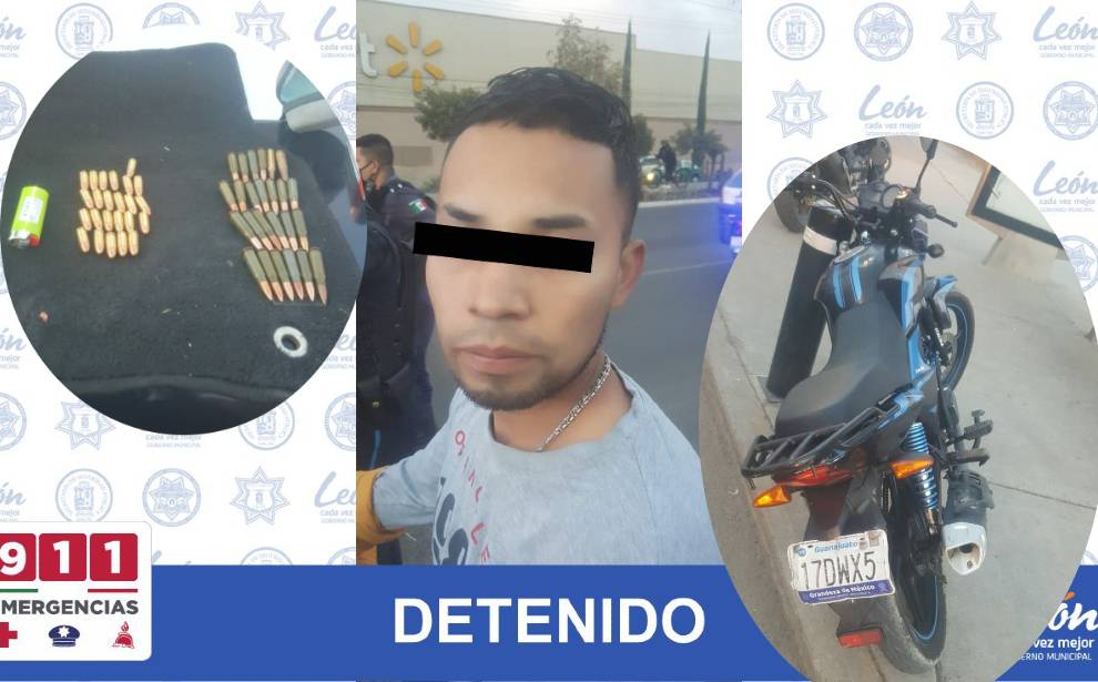 Detienen a hombre en León; aseguran motocicleta y 49 cartuchos