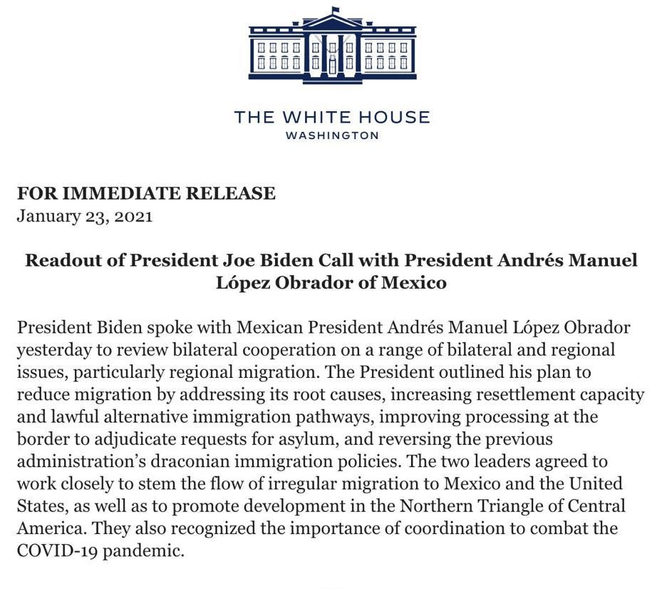 En llamada, AMLO y Biden acordaron detener migración hacia México y EU: Casa Blanca