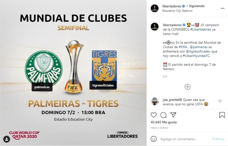 Cuenta de Instagram de la Copa Libertadores confunde a Tigres con un equipo de beisbol  