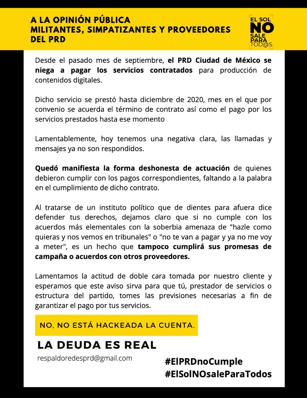 “PRD no paga”, denuncian proveedores de servicios digitales del “partido del sol azteca”
