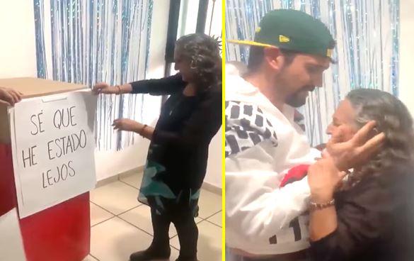 Hombre sorprende a su madre al salir de una caja de regalo tras años sin verla (VIDEO) 