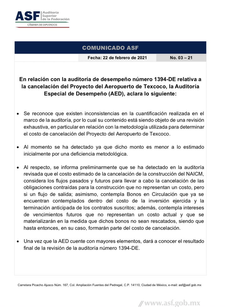 ASF reconoce que costo de cancelación del NAIM en Texcoco es menor a lo estimado en su primer informe
