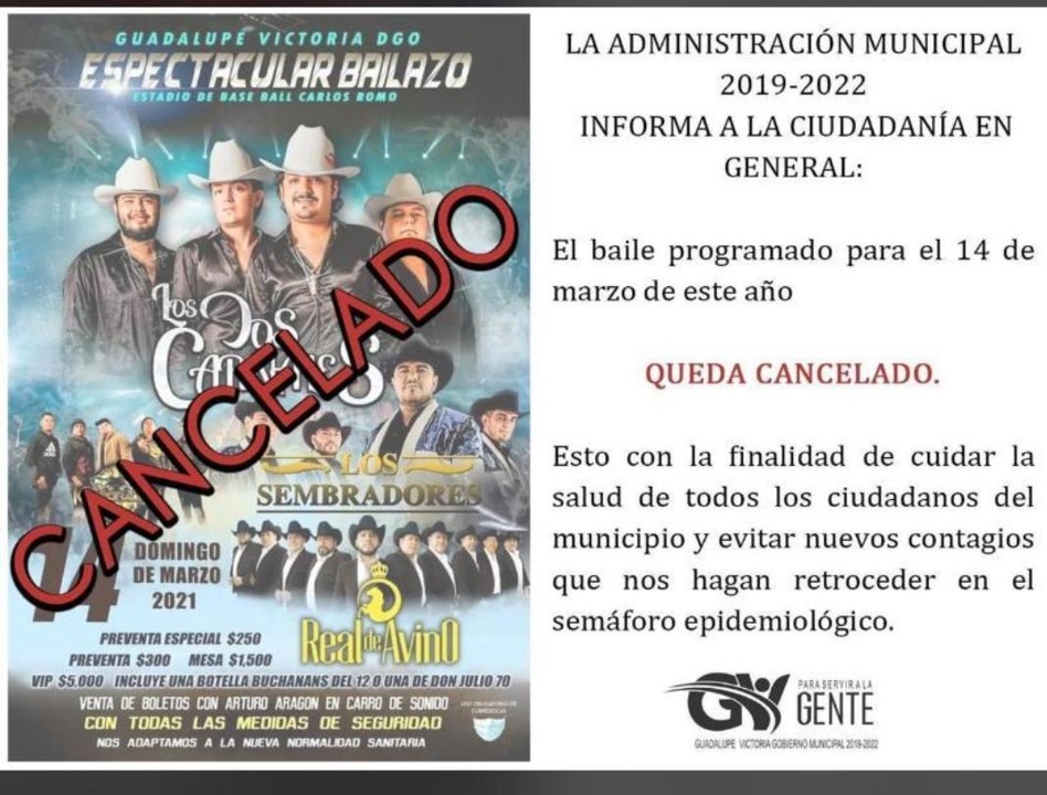 Cancelan concierto de Los Dos Carnales en Guadalupe Victoria