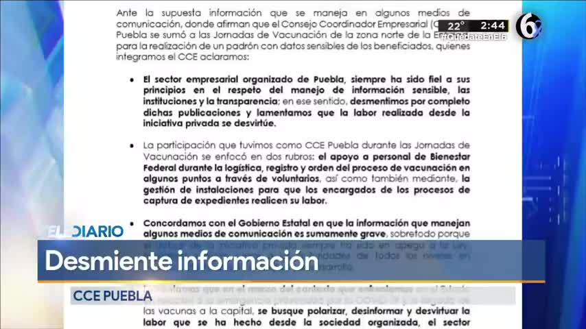 Telediario noticia CCE desmiente existencia de padrón con datos de vacunados.