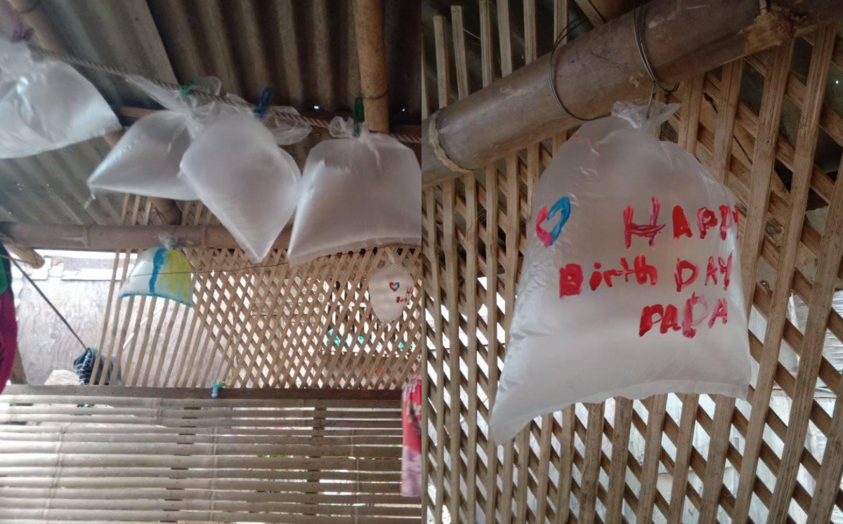 Niños usan bolsas de plástico como globos para celebrar cumpleaños de su papá